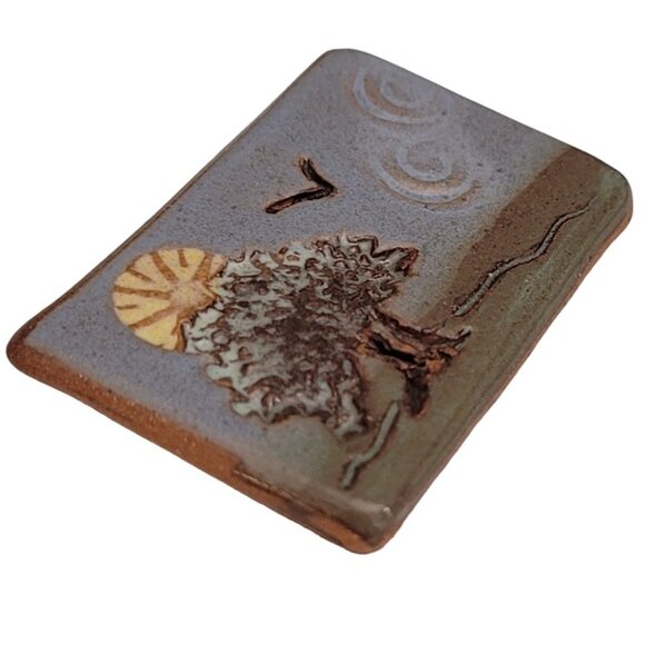 Artisan Clay Pottery Enamel Tree Scene Brooch Pin, Signed M704 - Picture 3 of 8